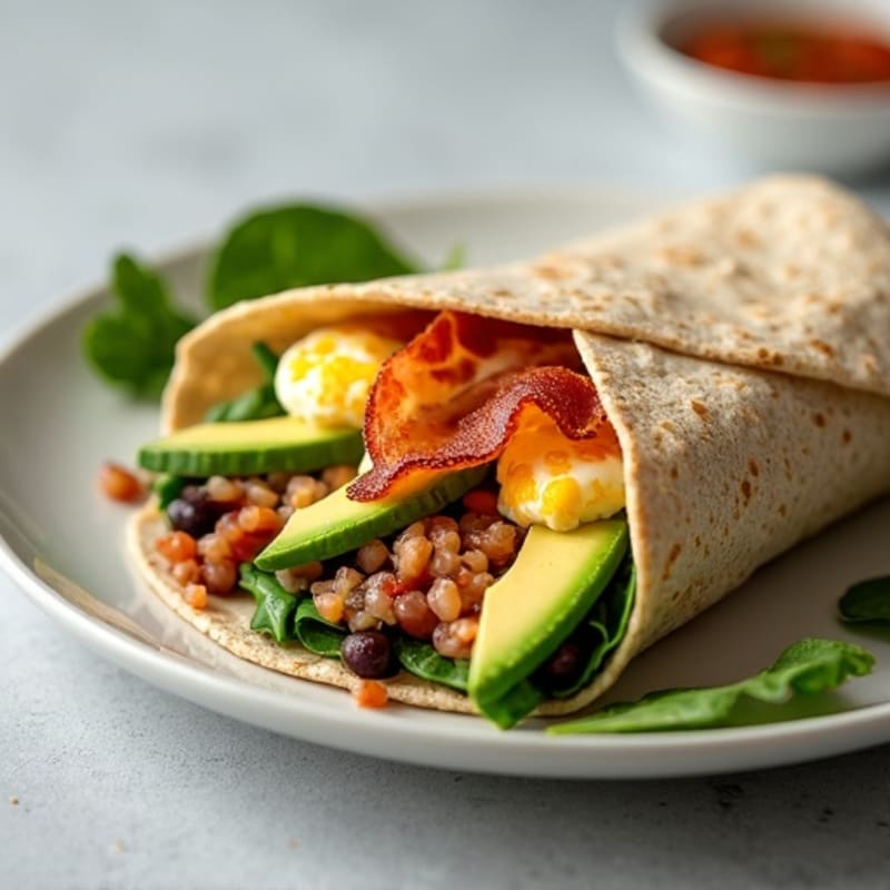 Crispy Turkey Bacon and Egg White Breakfast Wrap with Spinach and Avocado