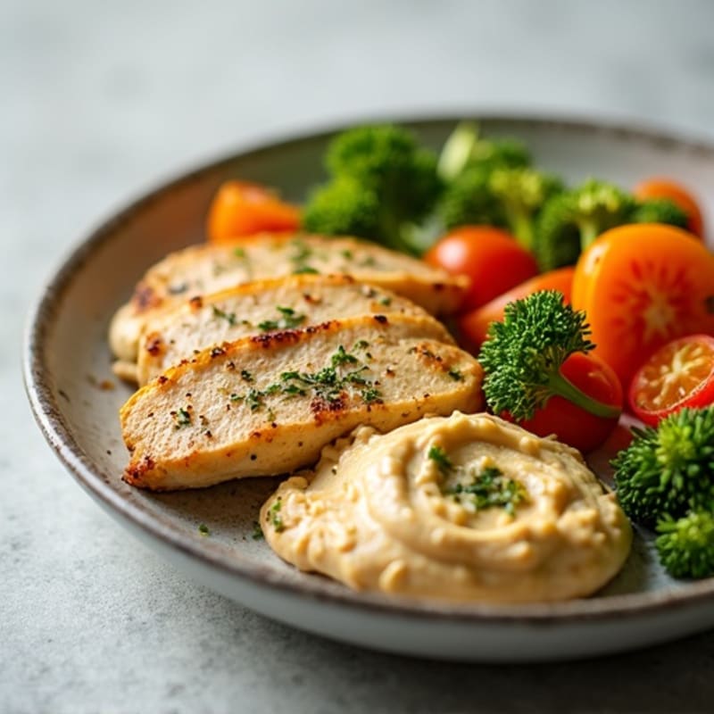 Herb-Marinated Chicken with Creamy Hummus and Fresh Crisp Vegetables