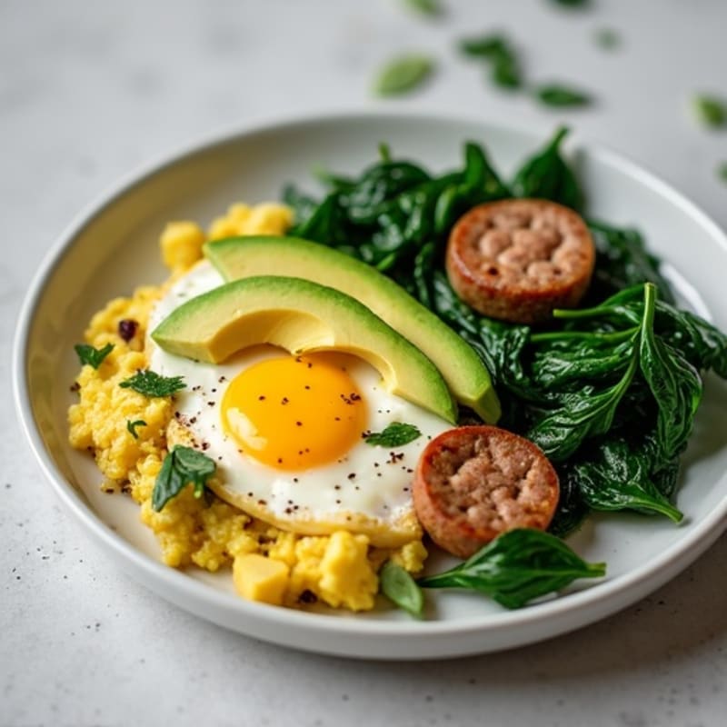 Egg White and Turkey Sausage Scramble with Sautéed Spinach