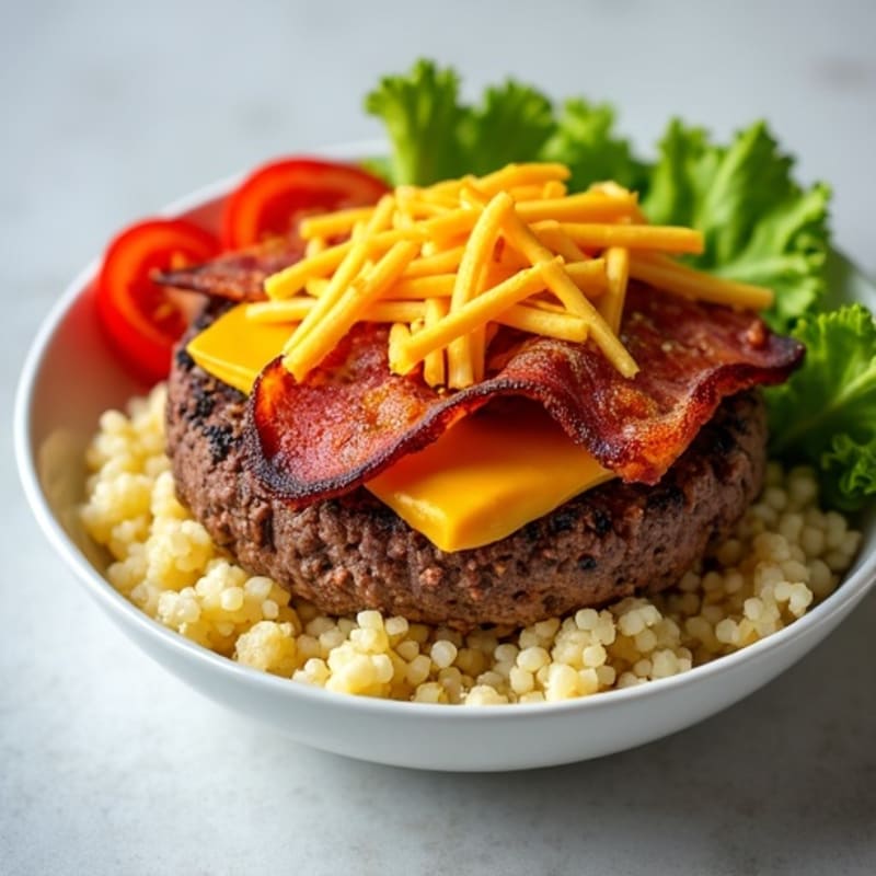 Lean Ground Beef Cheeseburger Bowl with Crispy Bacon and Cheesy Cauliflower Rice