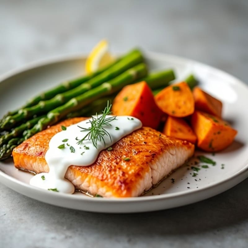 Seared Salmon Fillet with Garlic Roasted Sweet Potatoes and Steamed Asparagus