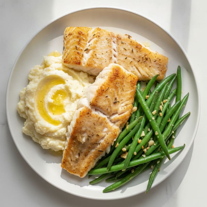Baked Cod with Garlic Green Beans and Mashed Cauliflower