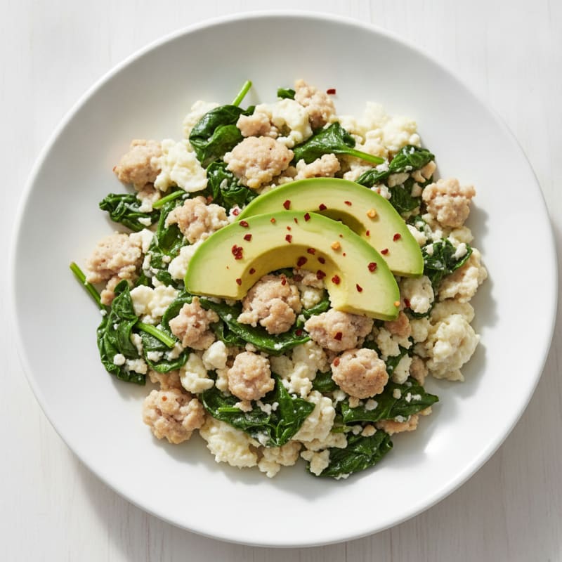 Egg White and Turkey Sausage Scramble with Sautéed Spinach