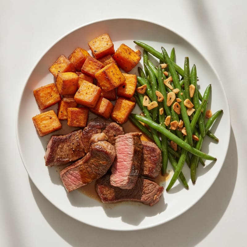 Sirloin Strips with Roasted Sweet Potatoes and Green Beans