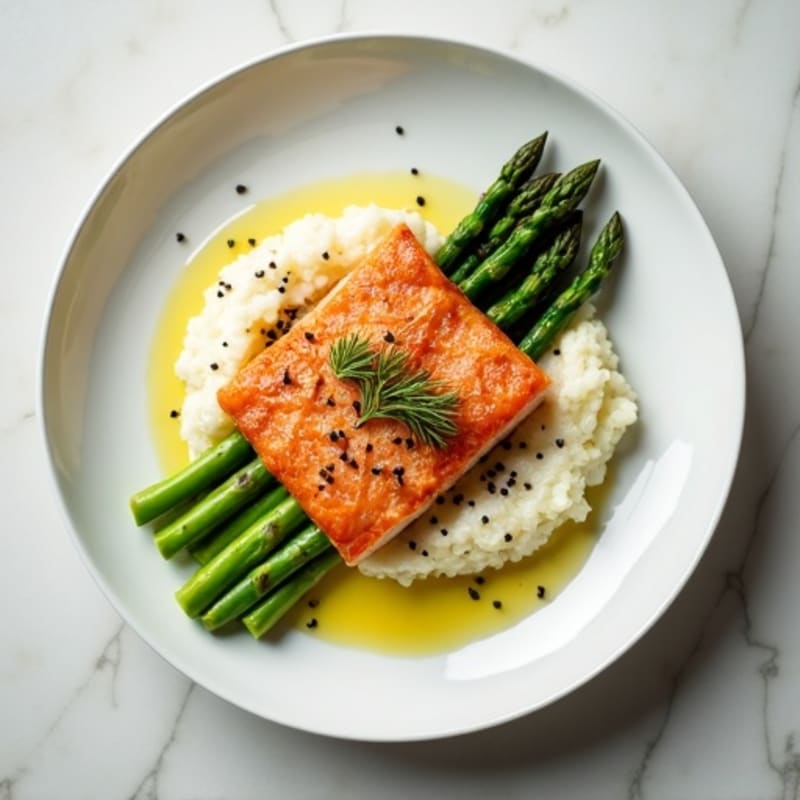 Seared Salmon with Steamed Asparagus and Cauliflower Mash