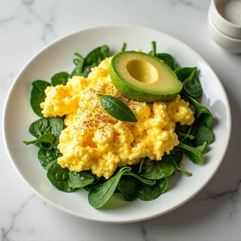 Fluffy Scrambled Eggs with Fresh Spinach and Creamy Avocado