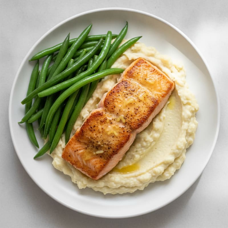 Seared Salmon with Steamed Green Beans and Garlic Cauliflower Mash