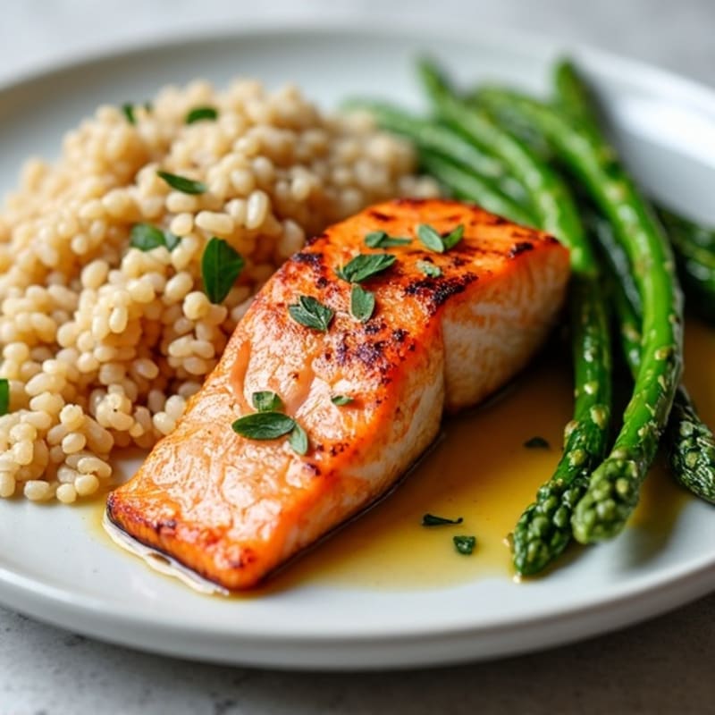 Seared Salmon Fillet with Steamed Asparagus and Brown Rice