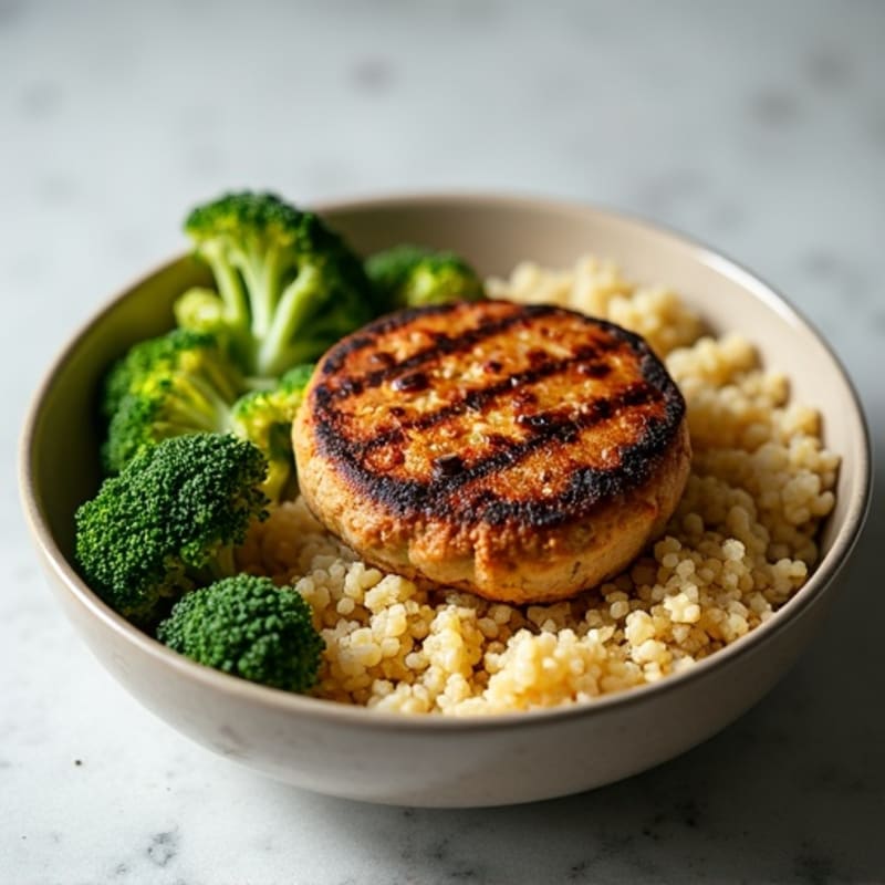 Grilled Turkey Burger Bowl with Quinoa and Roasted Broccoli