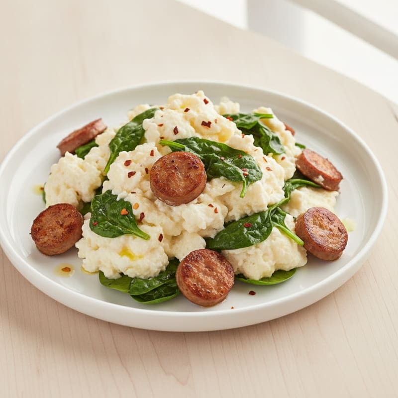 Egg White Scramble with Turkey Sausage and Baby Spinach