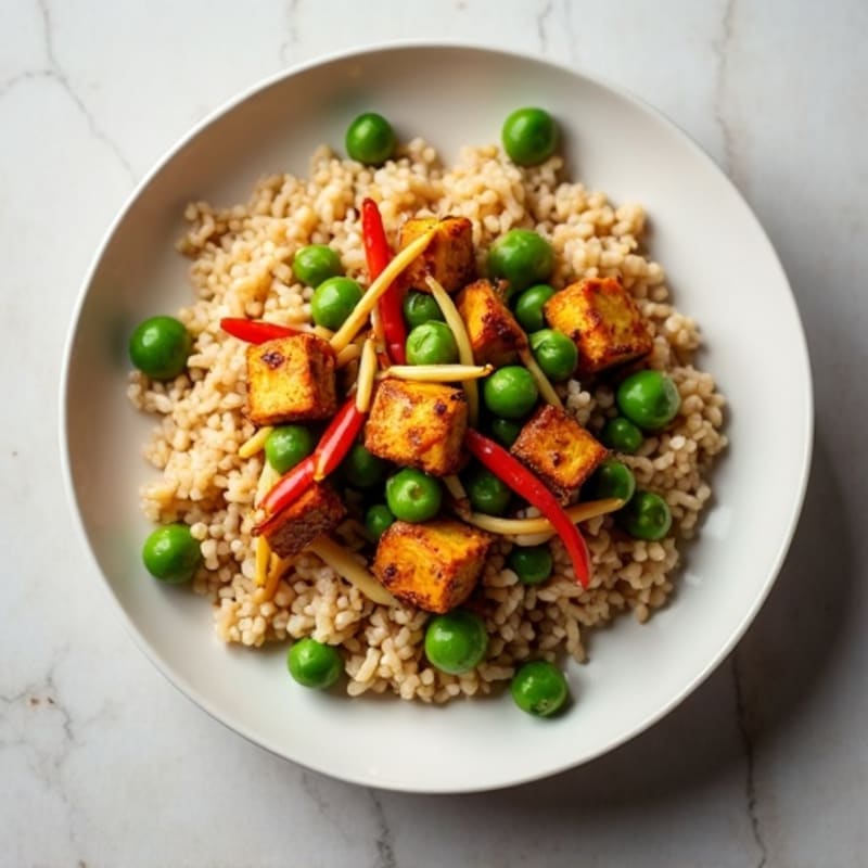 Crispy Tofu Chicken Stir Fry with Steamed Brown Rice