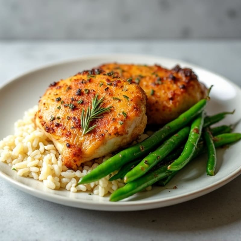 Crispy Baked Chicken Thighs with Garlic Herb Rice and Steamed Green Beans