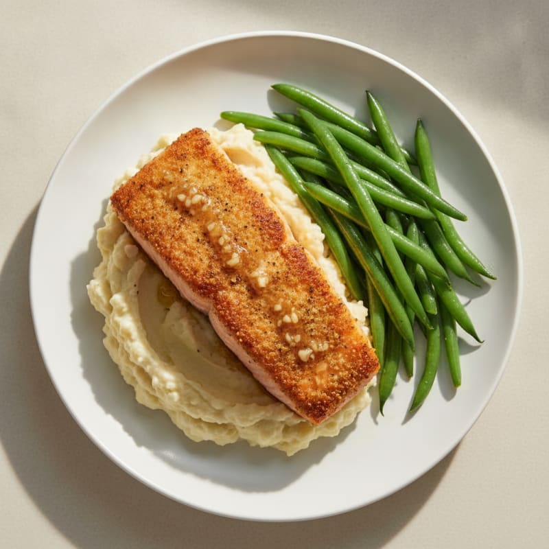 Seared Salmon with Steamed Green Beans and Garlic Mashed Cauliflower