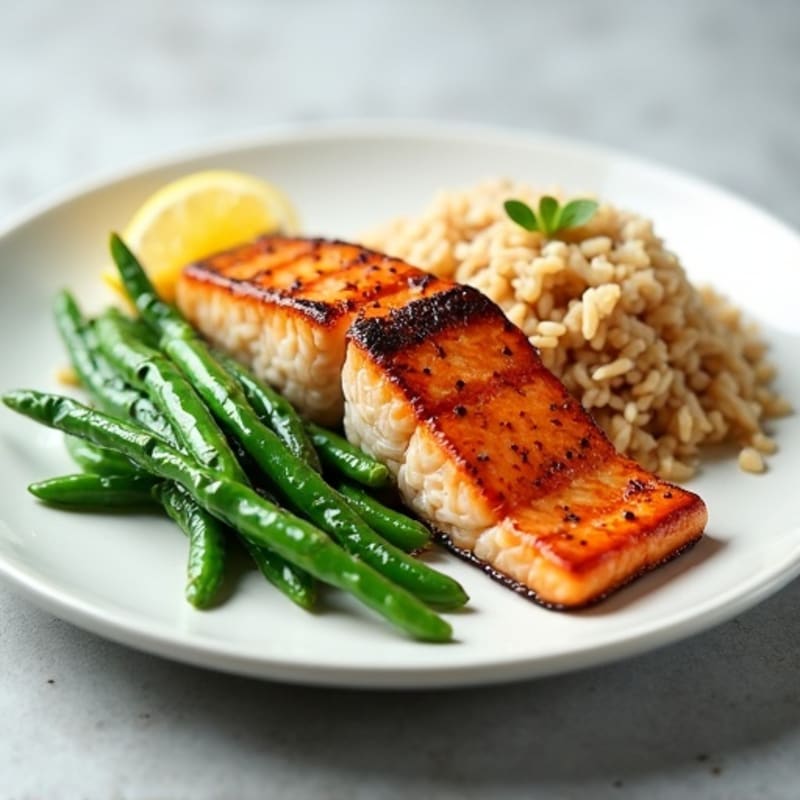 Seared Salmon with Steamed Green Beans and Brown Rice