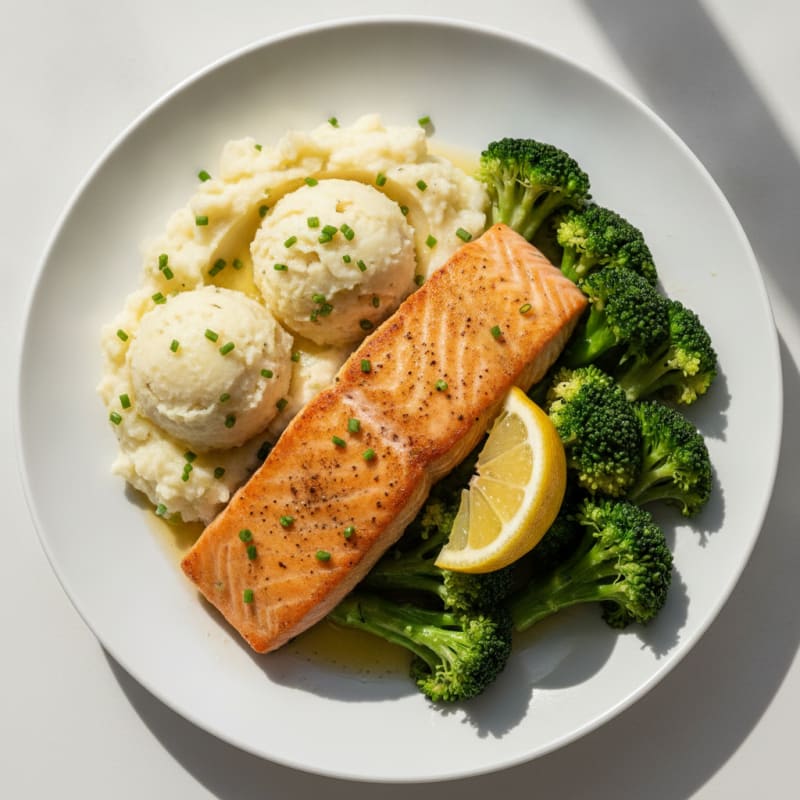 Seared Salmon with Steamed Broccoli and Garlic Mashed Potatoes
