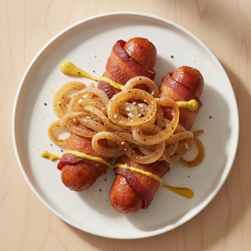 Bacon-Wrapped Hot Dogs with Caramelized Onions