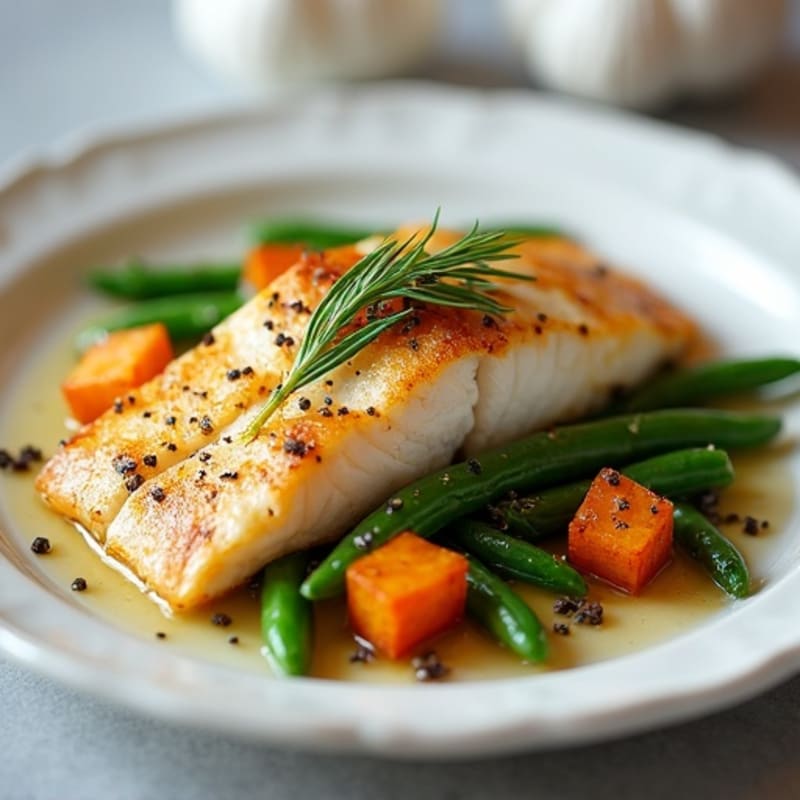 Seared Cod with Garlic Green Beans and Roasted Sweet Potato