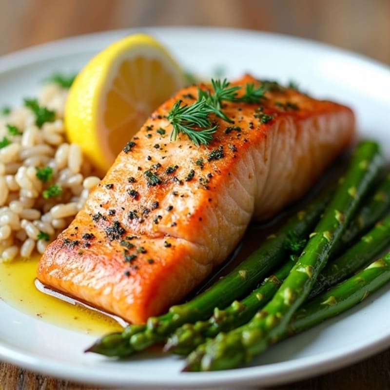 Seared Salmon Fillet with Herbed Brown Rice and Steamed Asparagus
