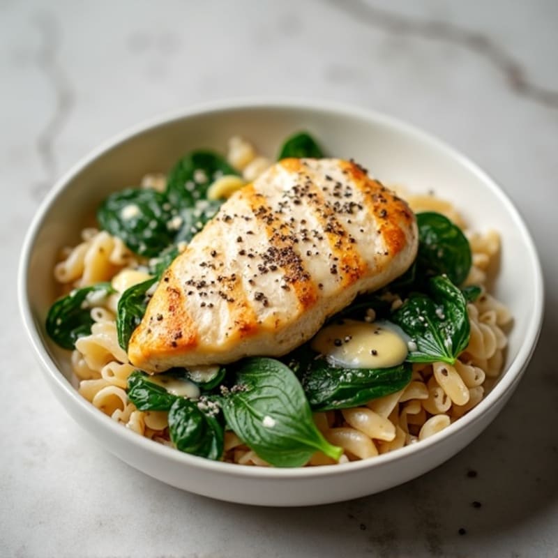 Creamy Garlic Chicken with Whole Wheat Pasta and Spinach