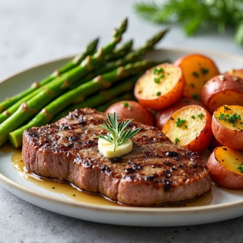 Pan-Seared Steak with Garlic Butter Roasted Potatoes and Asparagus