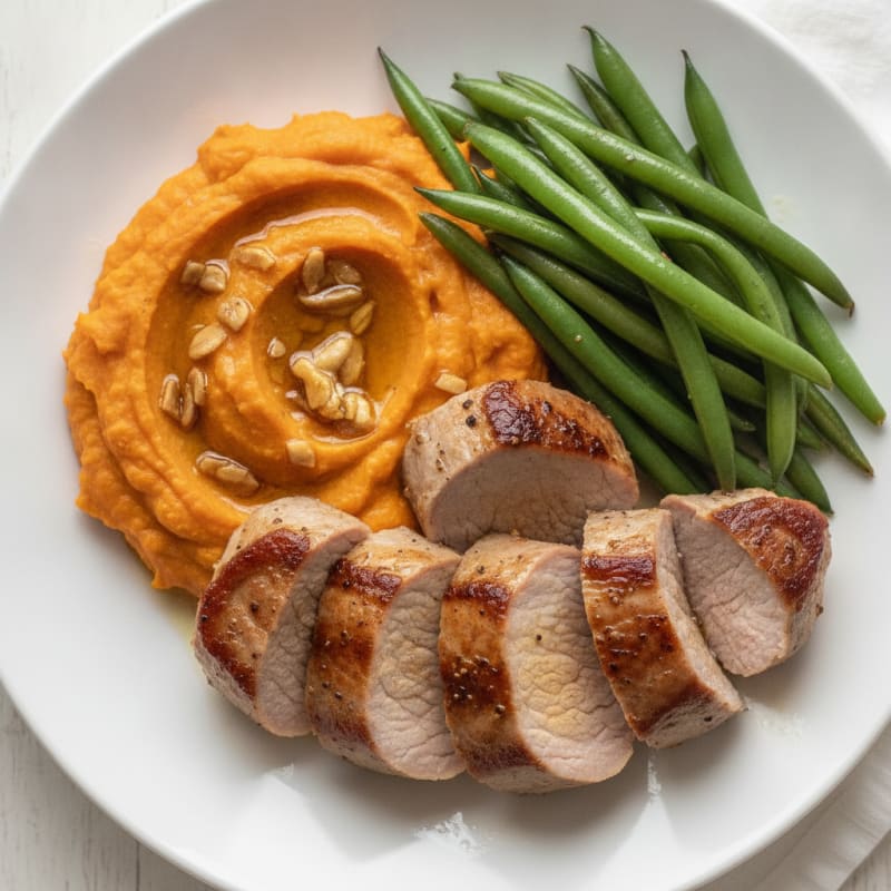 Seared Pork Tenderloin with Steamed Green Beans and Sweet Potato Mash