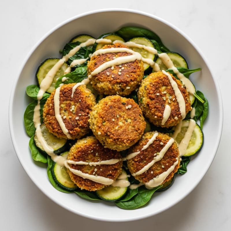 Crispy Quinoa Falafel Bowl with Sautéed Veggies and Lemon-Tahini Drizzle