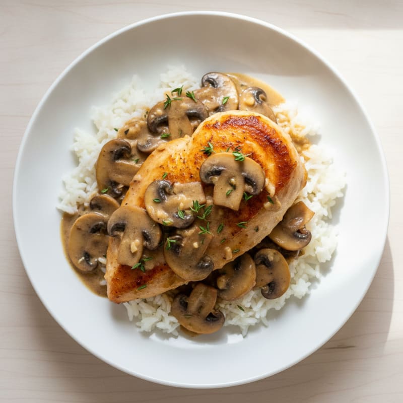 Pan-Seared Chicken with Savory Mushroom Sauce and Fluffy Rice