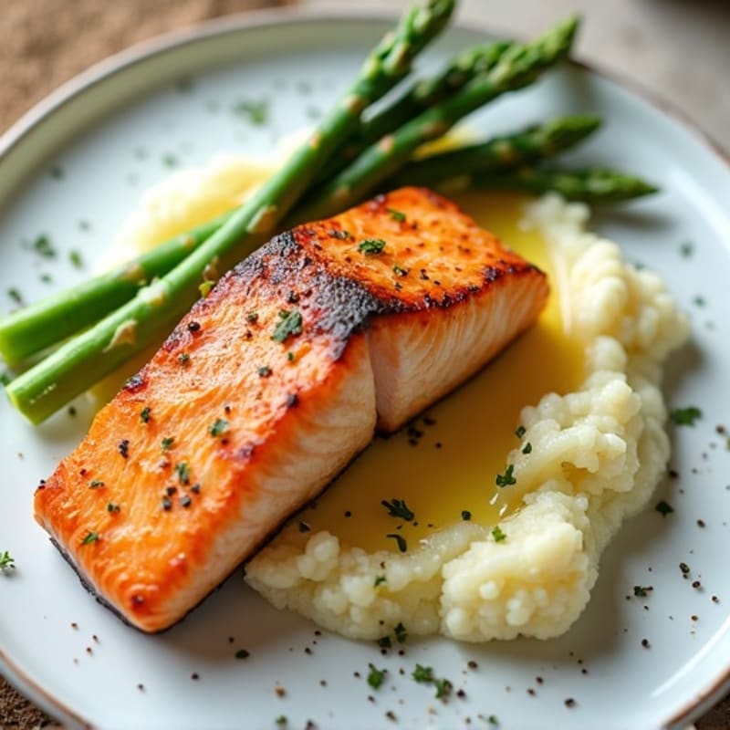 Seared Salmon with Steamed Asparagus and Cauliflower Mash