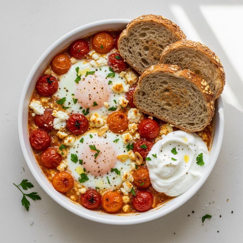 Baked Eggs with Roasted Tomatoes and Feta