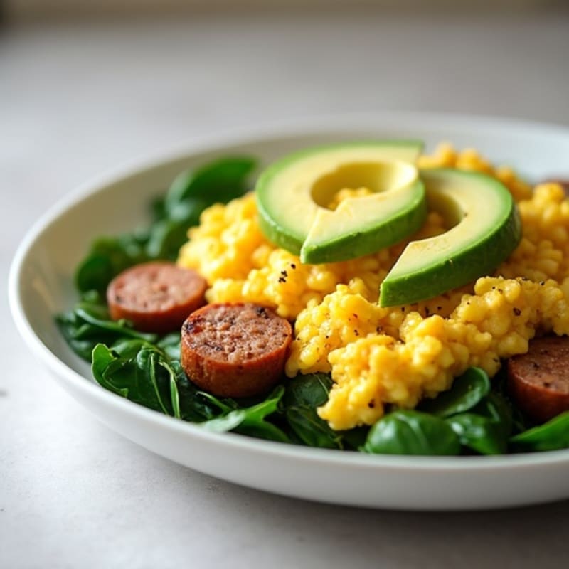 Egg White and Turkey Sausage Scramble with Sautéed Spinach
