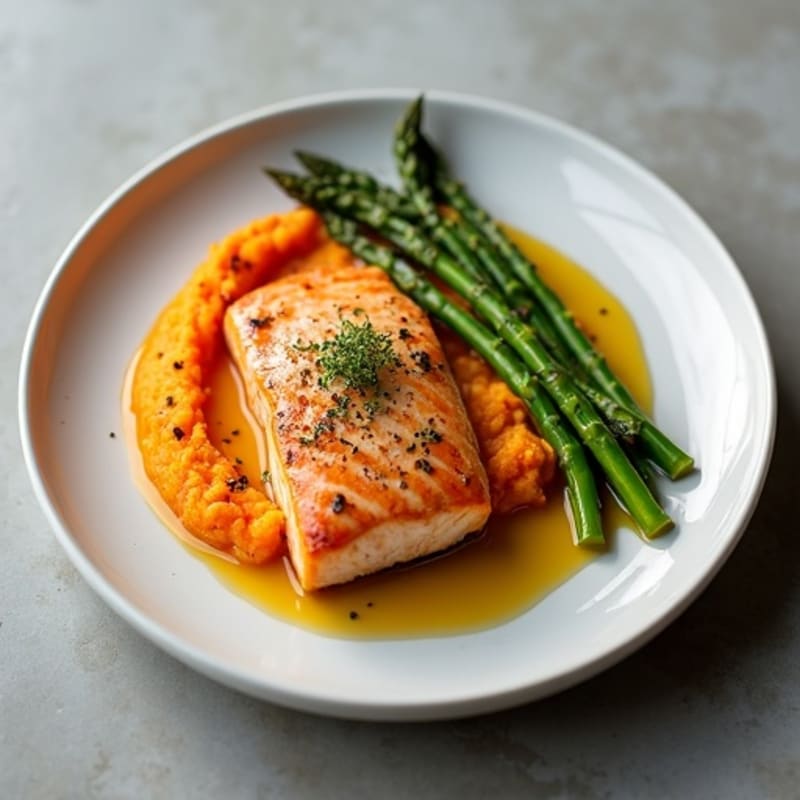Seared Salmon with Roasted Asparagus and Sweet Potato Mash