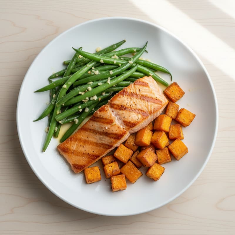 Seared Salmon with Garlic Green Beans and Roasted Sweet Potato