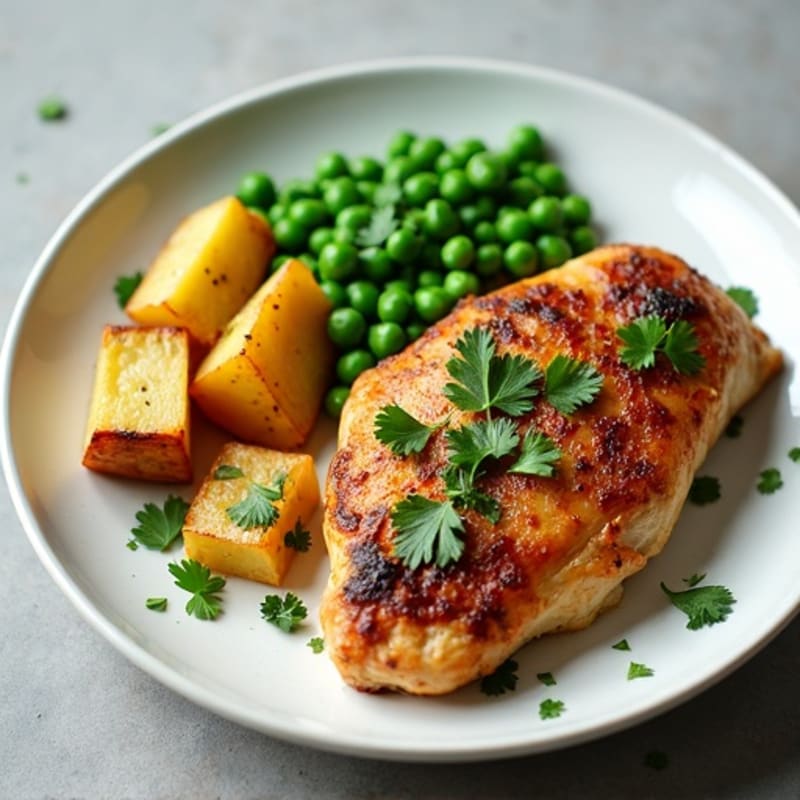 Samosa-Spiced Roasted Chicken and Potatoes with Peas and Fresh Cilantro Chutney