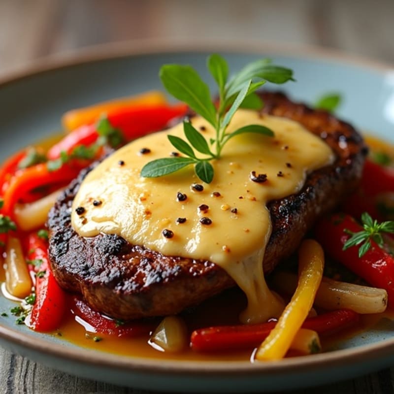 Skillet Seared Steak with Sautéed Peppers and Onions, Melted Provolone