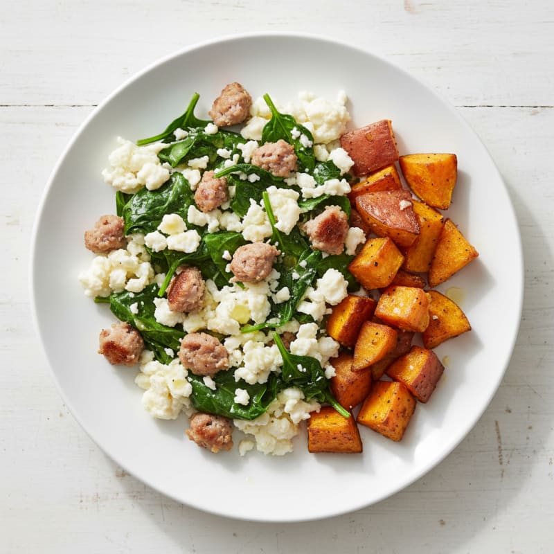Egg White and Turkey Sausage Scramble with Spinach and Roasted Sweet Potatoes