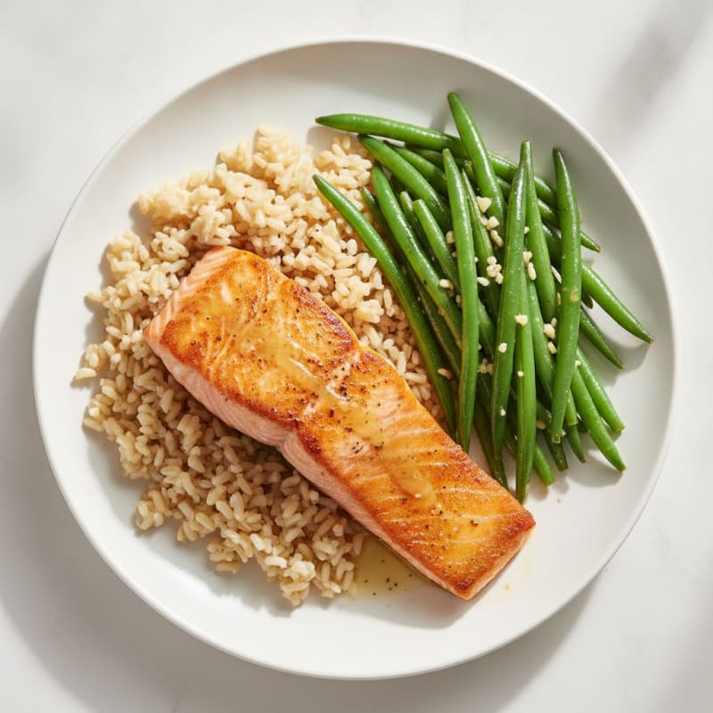 Seared Salmon with Garlic Green Beans and Brown Rice