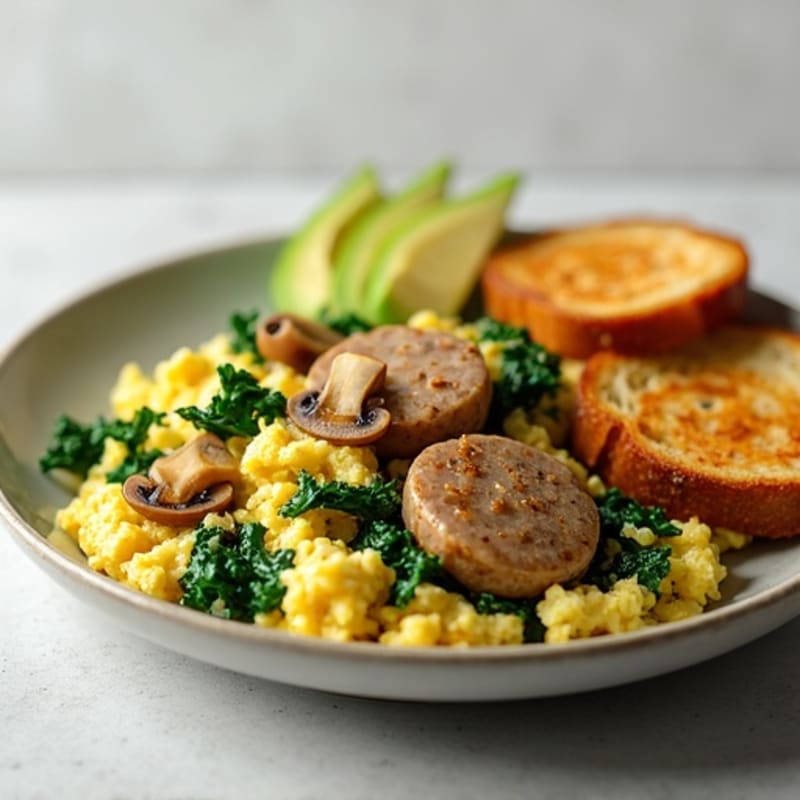 Egg White Spinach Scramble with Turkey Sausage and Sautéed Mushrooms