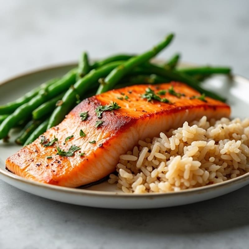 Seared Salmon Fillet with Sautéed Green Beans and Brown Rice