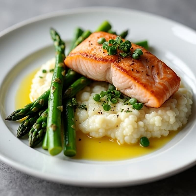 Seared Salmon with Steamed Asparagus and Cauliflower Mash