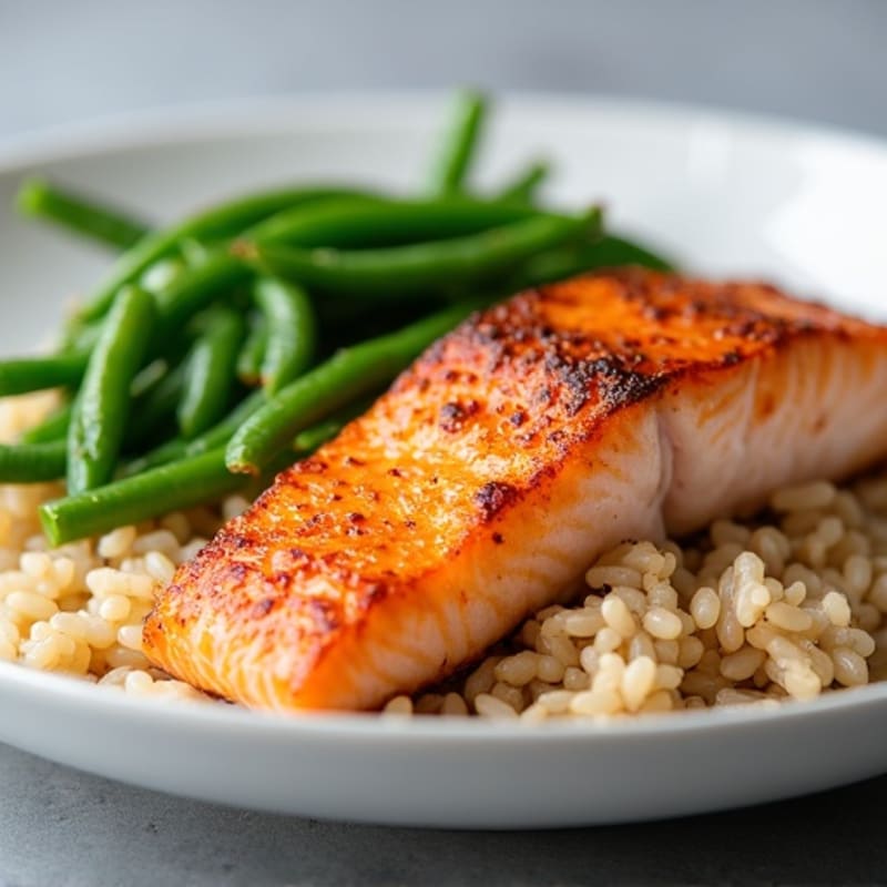Seared Salmon with Steamed Green Beans and Brown Rice