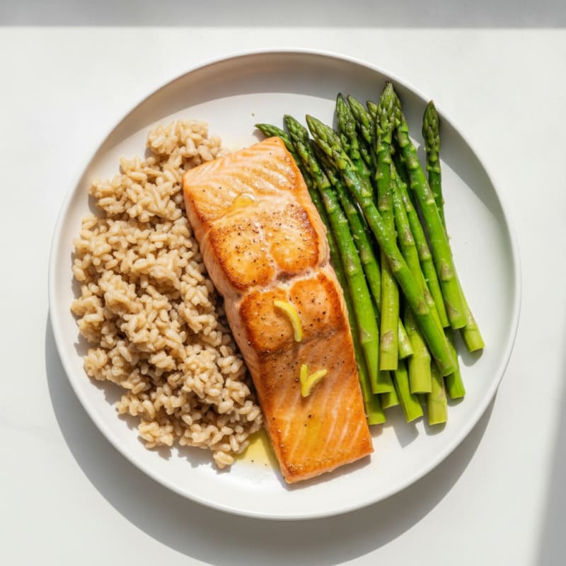 Seared Salmon with Steamed Asparagus and Brown Rice