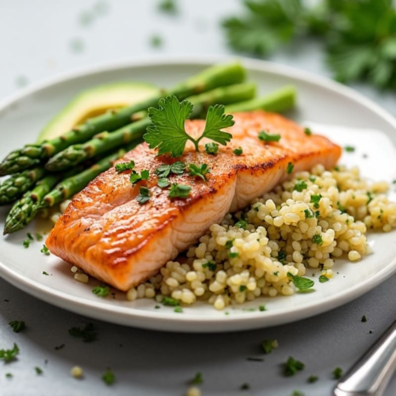 Seared Salmon Fillet with Herb Rice and Steamed Asparagus