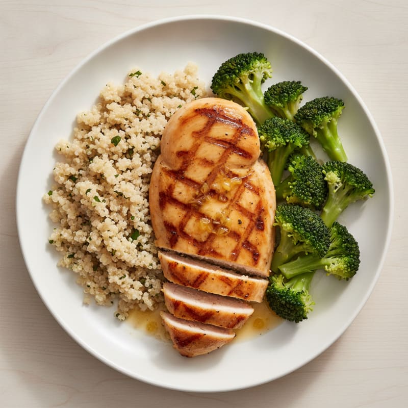 Grilled Lemon Garlic Chicken Breast with Quinoa and Steamed Broccoli