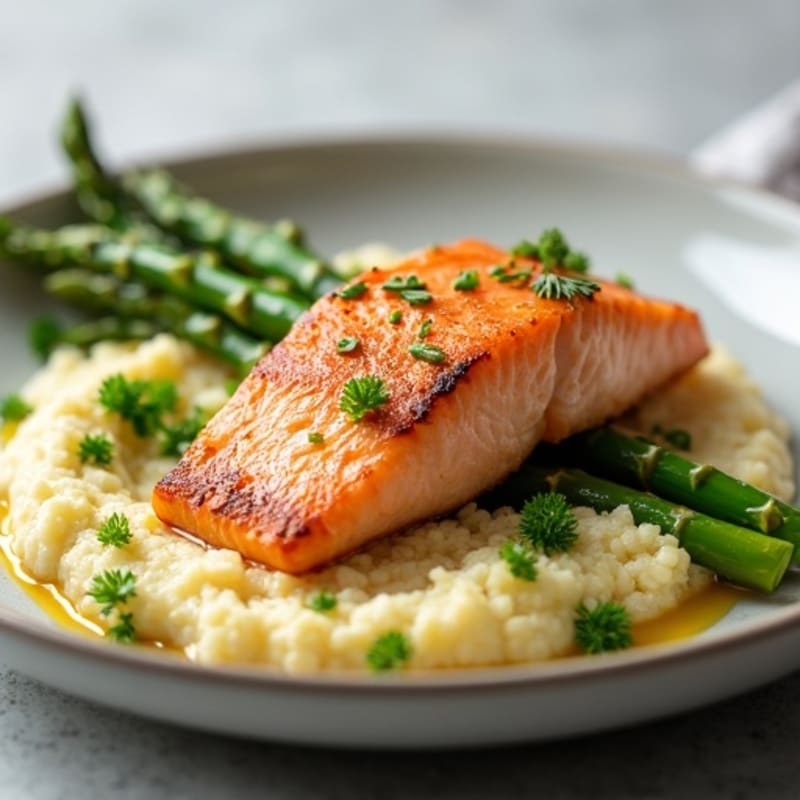 Seared Salmon with Steamed Asparagus and Garlic Cauliflower Mash