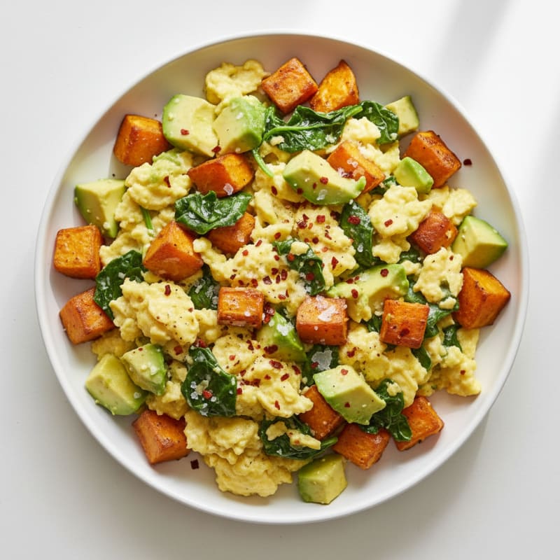 Creamy Avocado and Egg Scramble with Roasted Sweet Potatoes