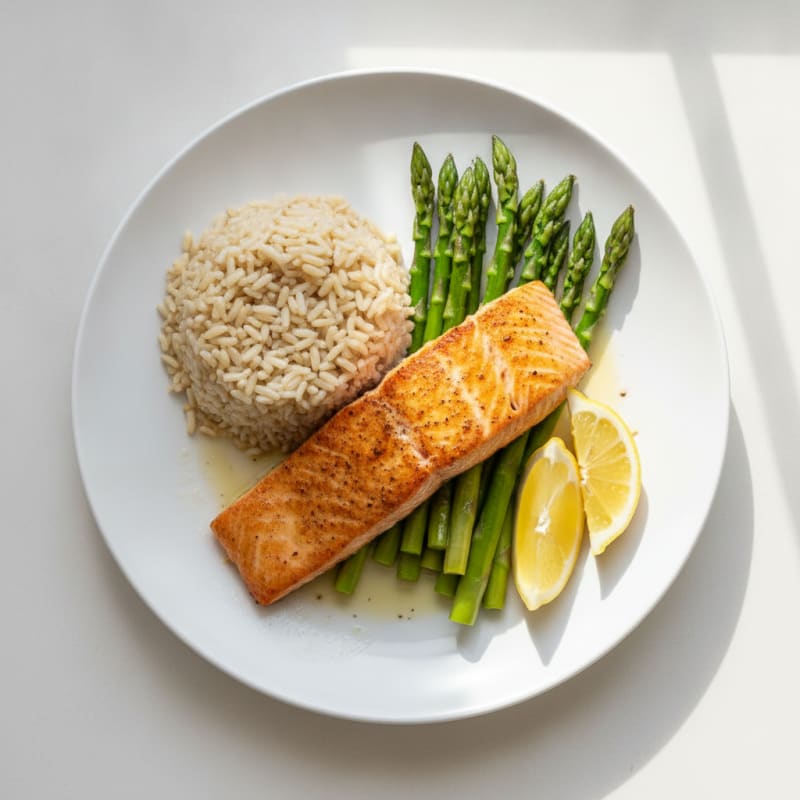 Seared Salmon with Steamed Asparagus and Brown Rice
