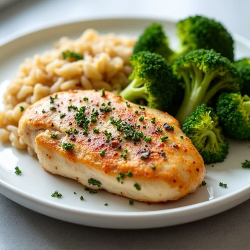 Garlic Herb Chicken Breast with Roasted Broccoli and Brown Rice