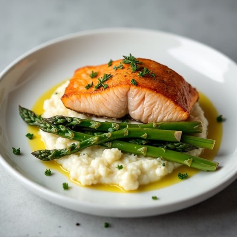 Seared Salmon with Steamed Asparagus and Cauliflower Mash
