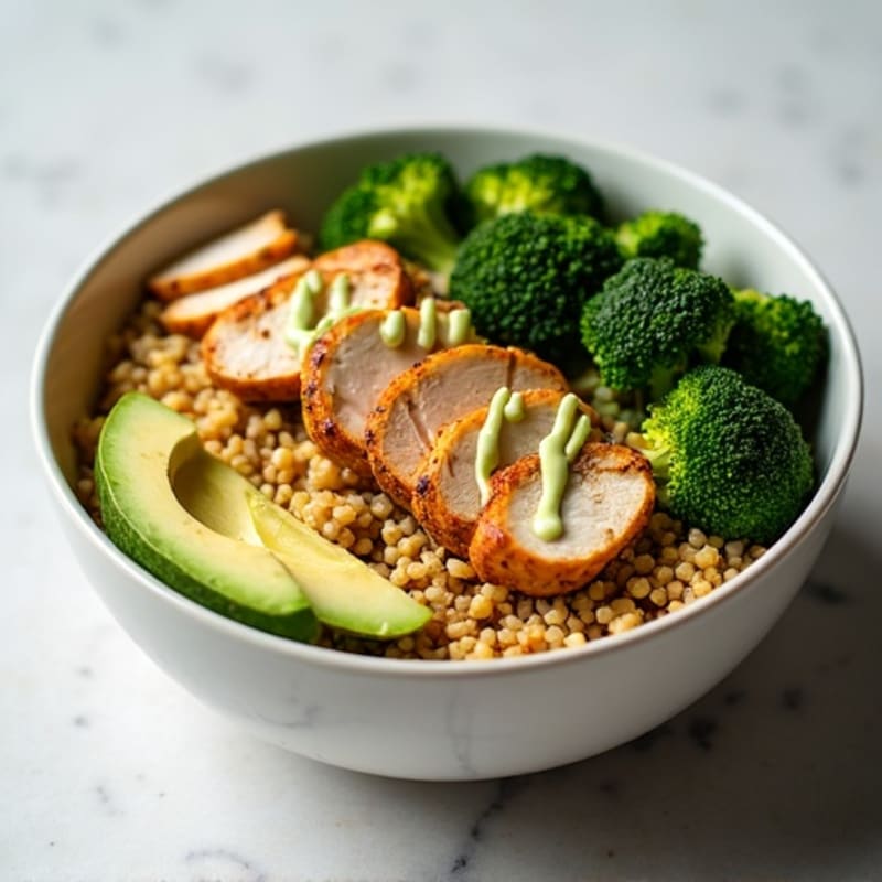 Grilled Chicken and Quinoa Power Bowl with Roasted Broccoli and Tahini Drizzle