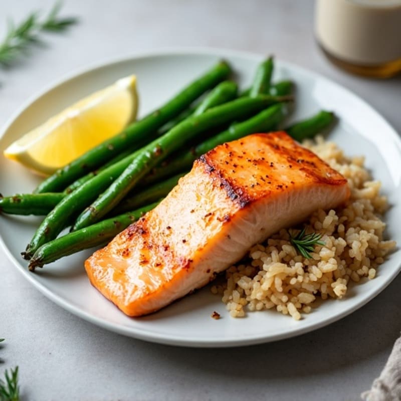 Seared Salmon with Garlic Green Beans and Brown Rice